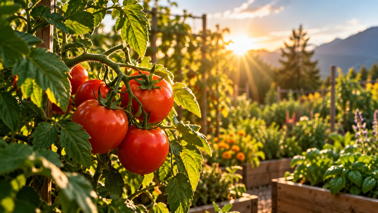Ripe tomatoes on the vine in a sunlit vegetable garden.