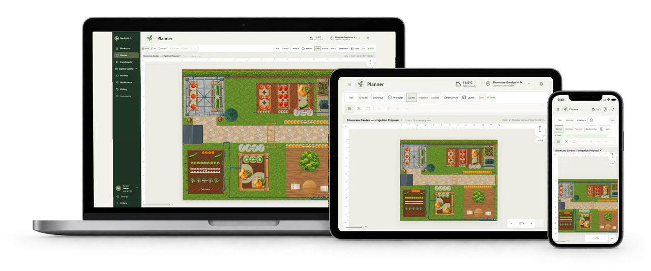 Current GardenHub Planner showing the same showcase garden in its actual desktop, tablet and phone layouts.