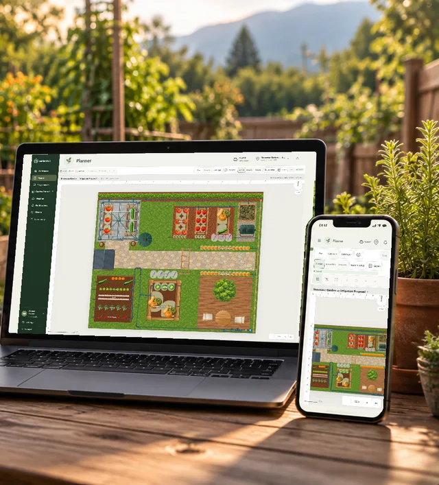 Current GardenHub Planner showing the same showcase garden on a laptop and phone in a sunlit garden.
