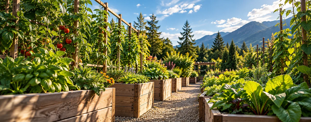 Raised vegetable beds and a gravel garden path beneath a mountain sky.
