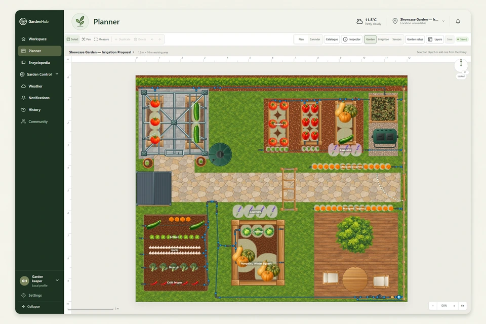 Aktueller GardenHub-Gartenplaner mit dem vollständig sichtbaren Showcase-Garten, Seitenleiste und Kopfzeile.